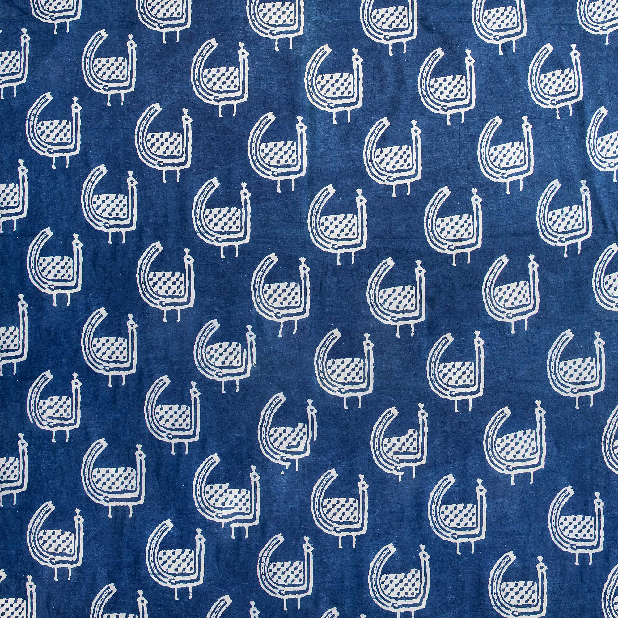 Natural Indigo Blue Peafowl Birds Printed Pure Cotton Fabric