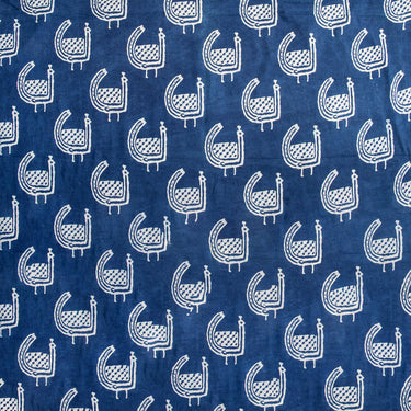 Natural Indigo Blue Peafowl Birds Printed Pure Cotton Fabric