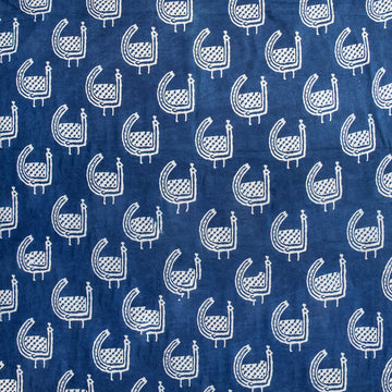 Natural Indigo Blue Peafowl Birds Printed Pure Cotton Fabric