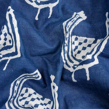 Natural Indigo Blue Peafowl Birds Printed Pure Cotton Fabric
