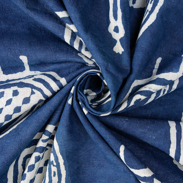 Natural Indigo Blue Peafowl Birds Printed Pure Cotton Fabric