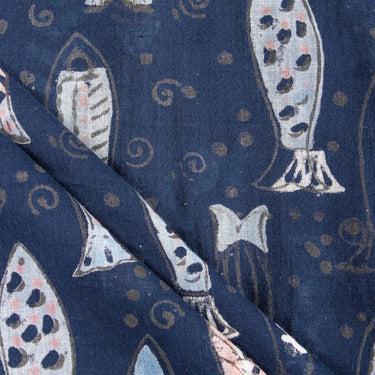 Cotton Blue Fish Indigo Block Print Fabric Online