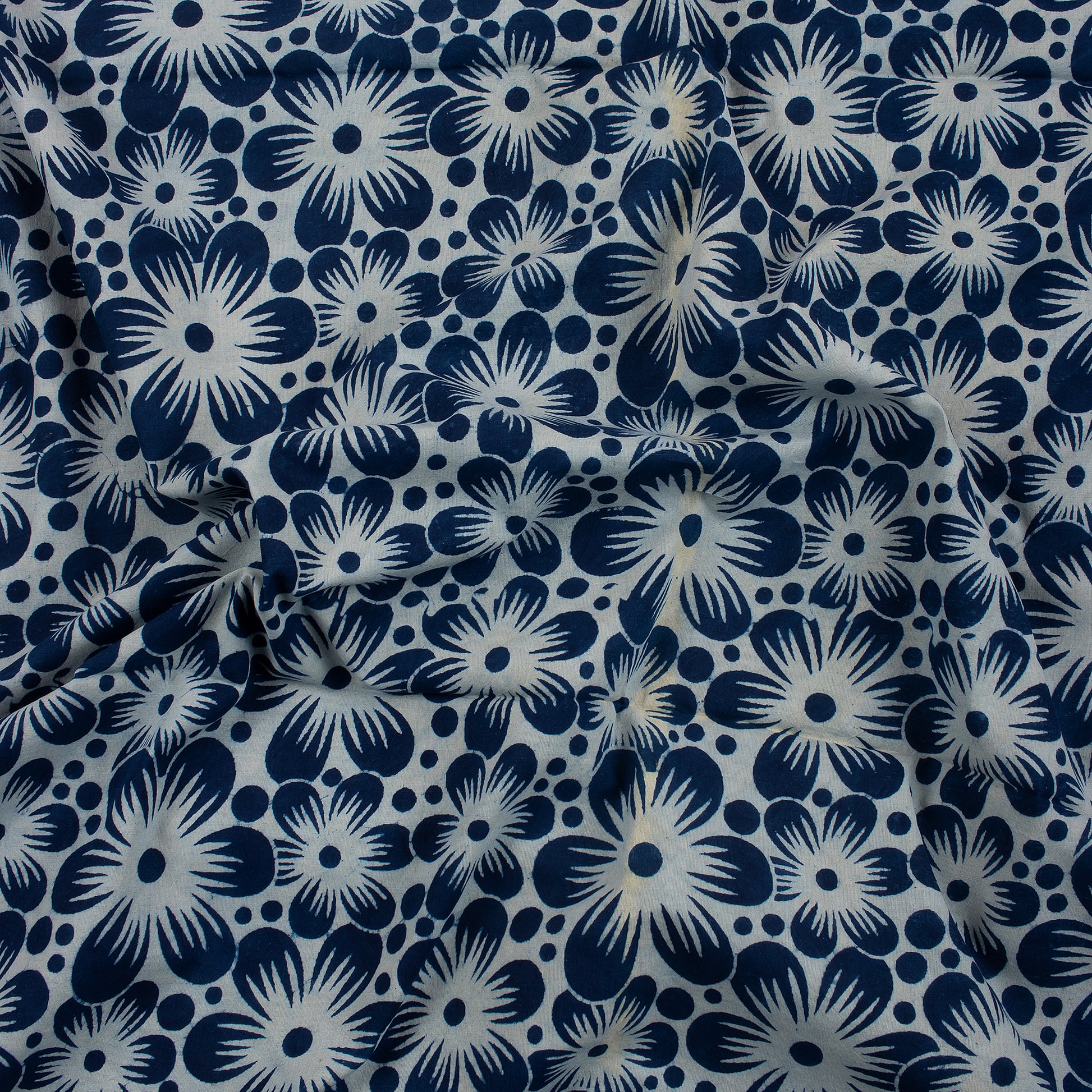 Block Floral Printed Indigo Blue Cotton Fabric