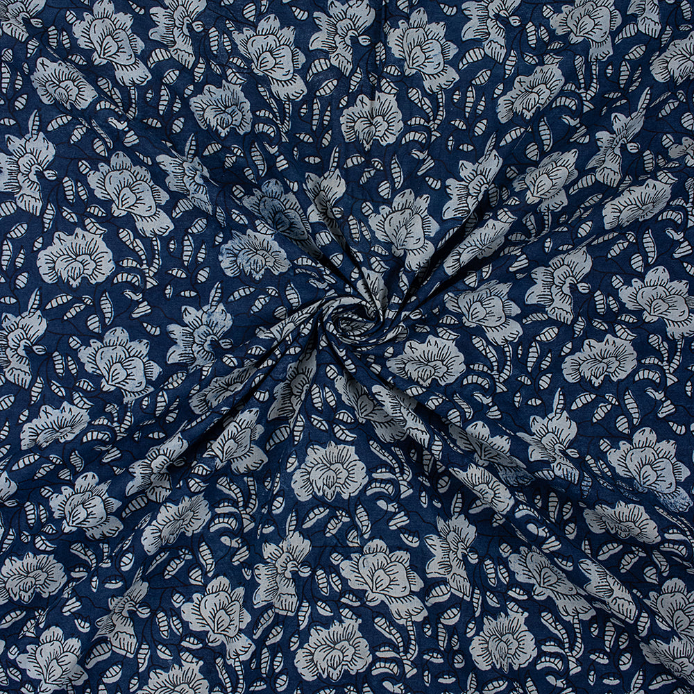 Natural Indigo Hand Block Blue Floral Printed Soft Cotton Fabric