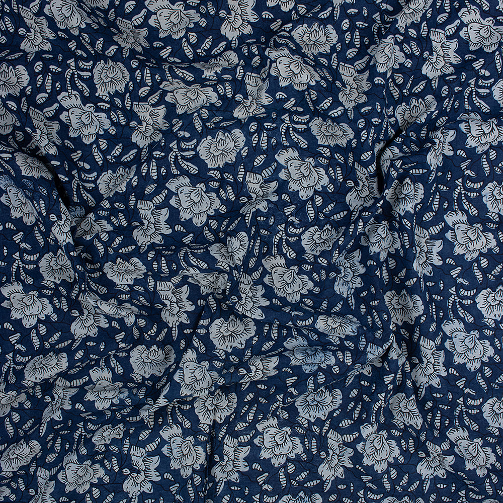 Natural Indigo Hand Block Blue Floral Printed Soft Cotton Fabric