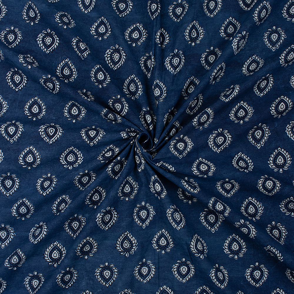 Floral Block Printed Soft Indigo Blue Color Ikat Cotton Fabric Online