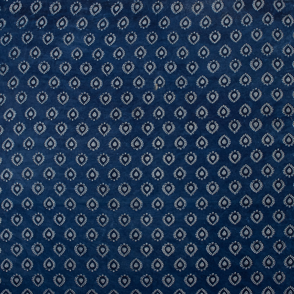 Floral Block Printed Soft Indigo Blue Color Ikat Cotton Fabric Online