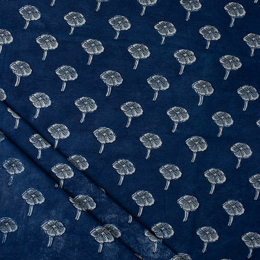 Floral Block Printed Pure Indigo Blue Cotton Fabric Online