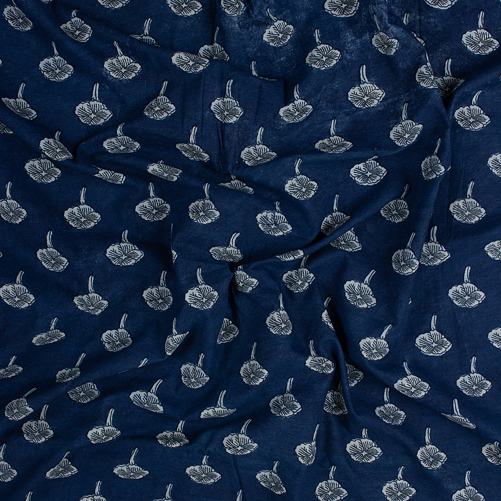 Floral Block Printed Pure Indigo Blue Cotton Fabric Online