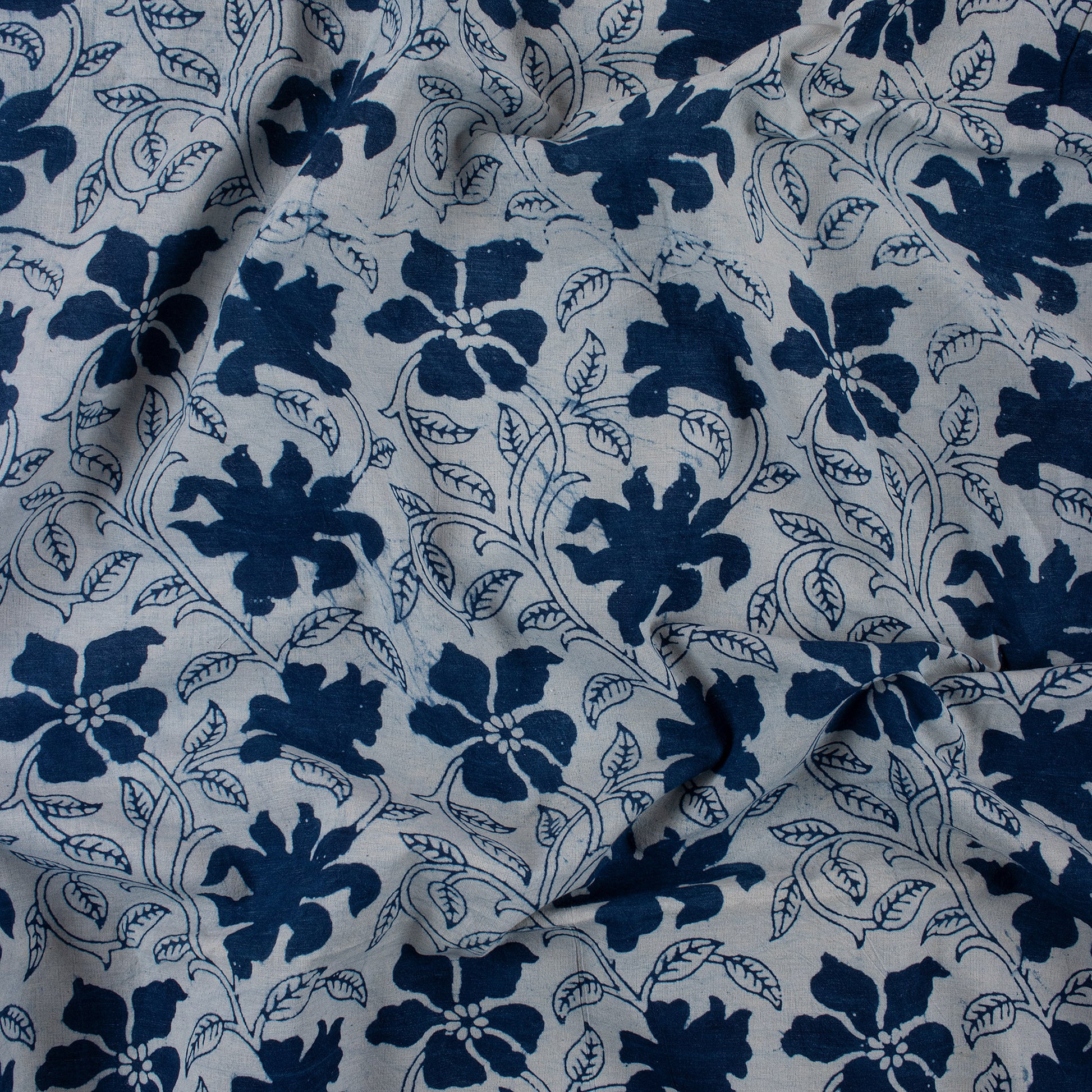 Hand Block Floral Printed Indigo Cotton Fabric