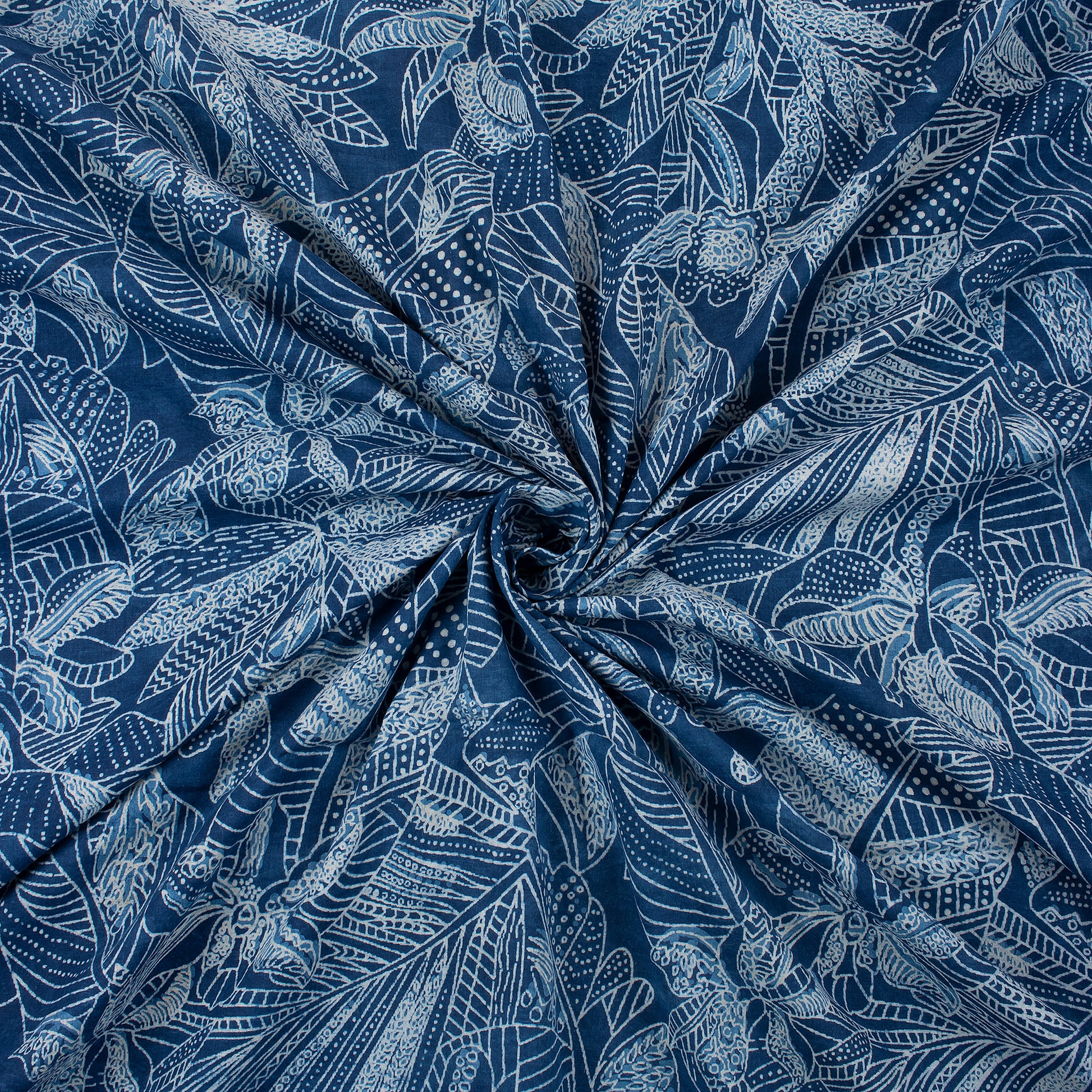 Hand Block Printed Cotton Beautiful Leaf Indigo Fabric