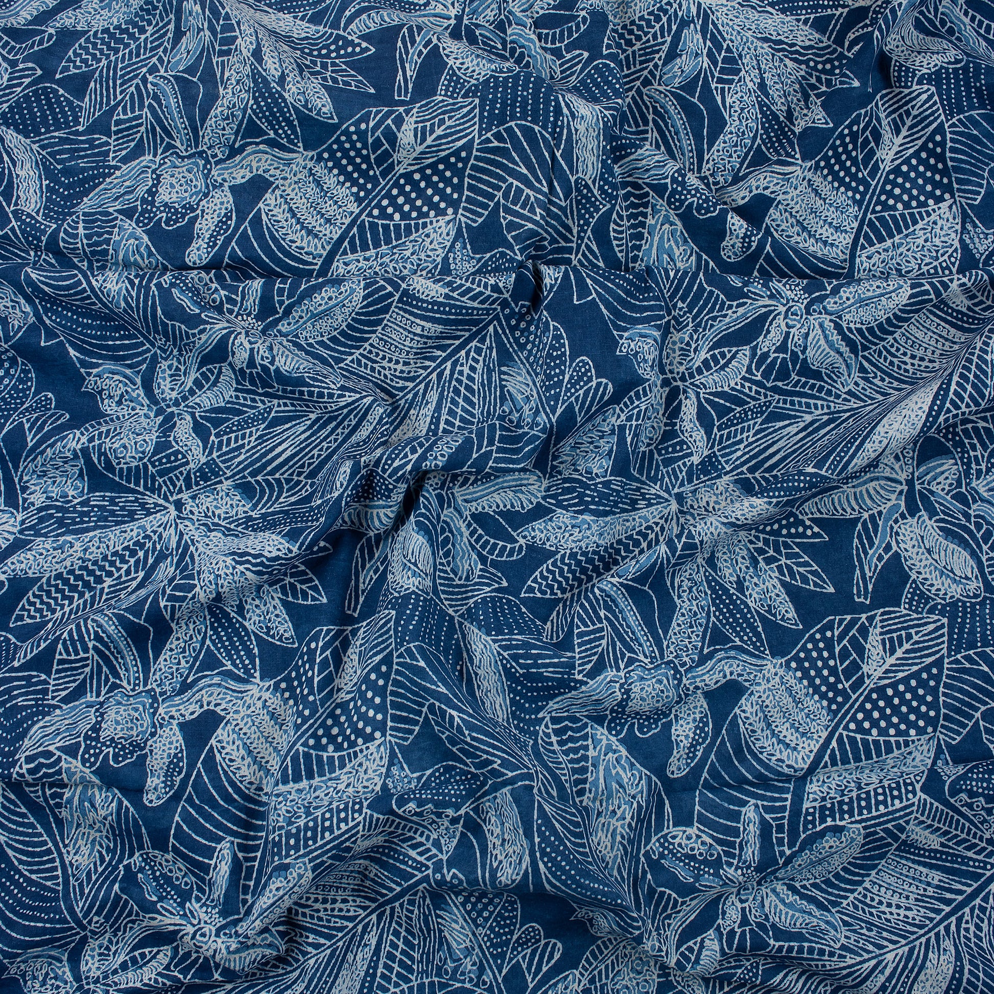 Hand Block Printed Cotton Beautiful Leaf Indigo Fabric