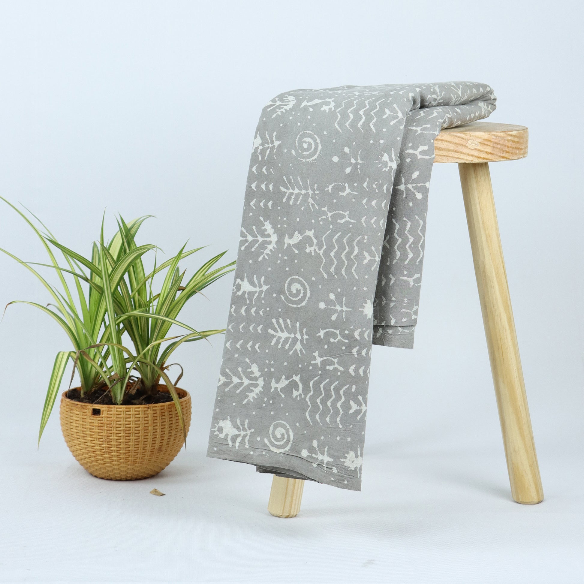 Hand Block Grey Abstract Print Dabu Print Fabric For Dresses Online