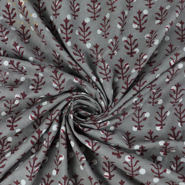 Hand Block Red Leaf Printed Cotton Fabric For Dress Material Online