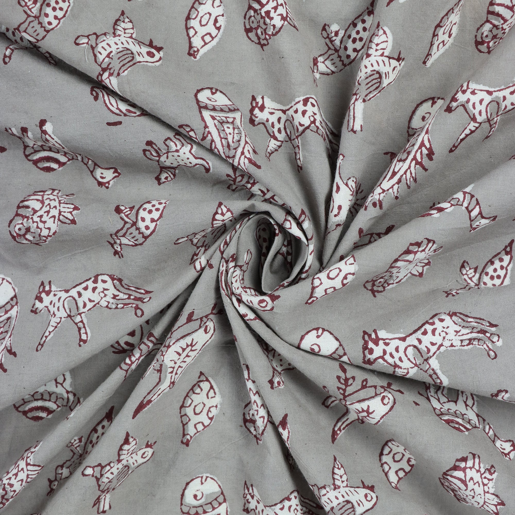 Red Hand Block Animal Printed Cotton Fabric Online