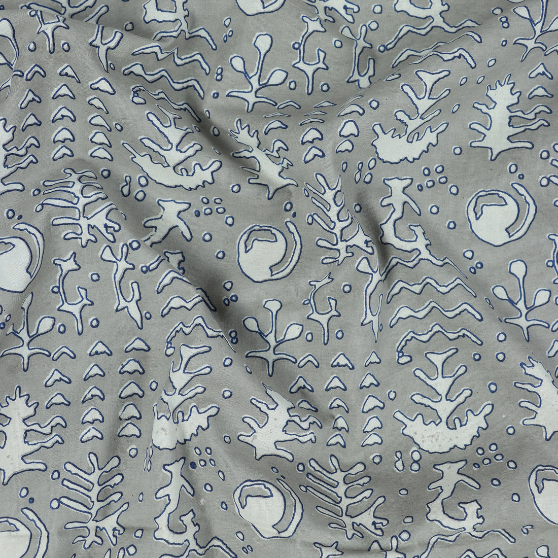 White Abstract Hand Block Dabu Print Fabric