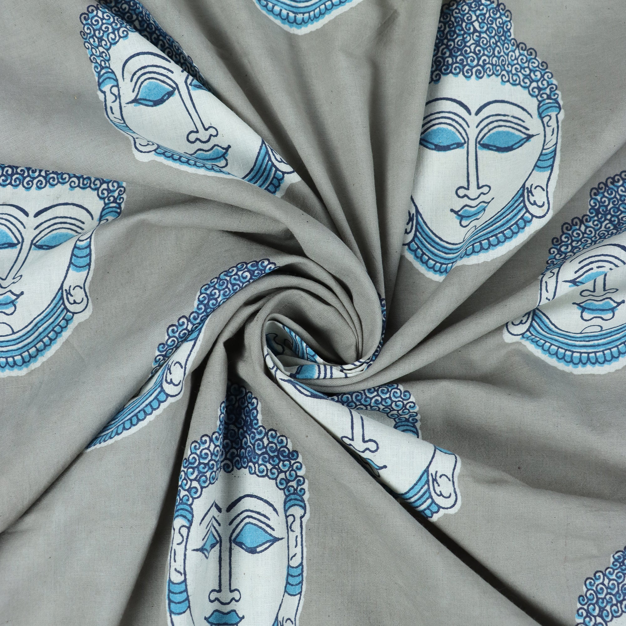 Sky Blue Cotton Dabu Buddha Print Fabric Cloth Online