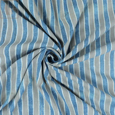 Hand Block Sky Blue Stripes Pure Cotton Fabric Online