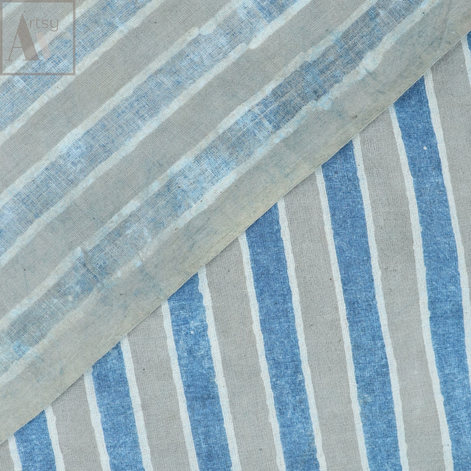 Hand Block Sky Blue Stripes Pure Cotton Fabric Online