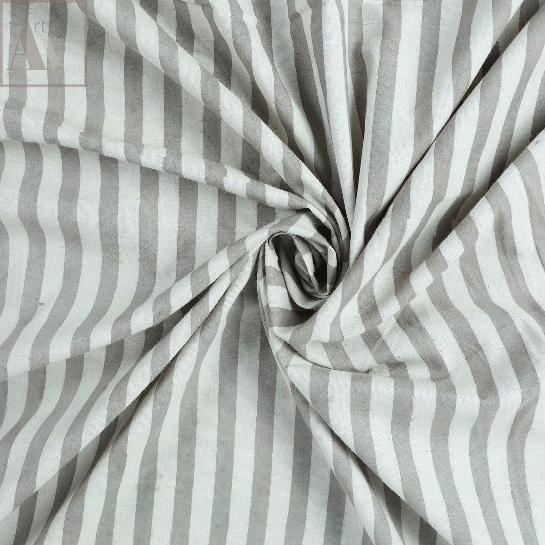 Grey Stripes Hand Block Printed Soft Cotton Fabric Online