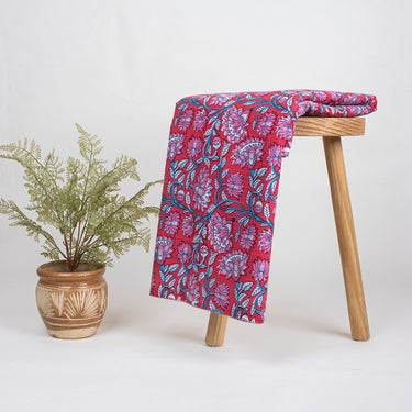 Luxury Hand Block Red Floral Print Pure Kantha Cotton Fabric