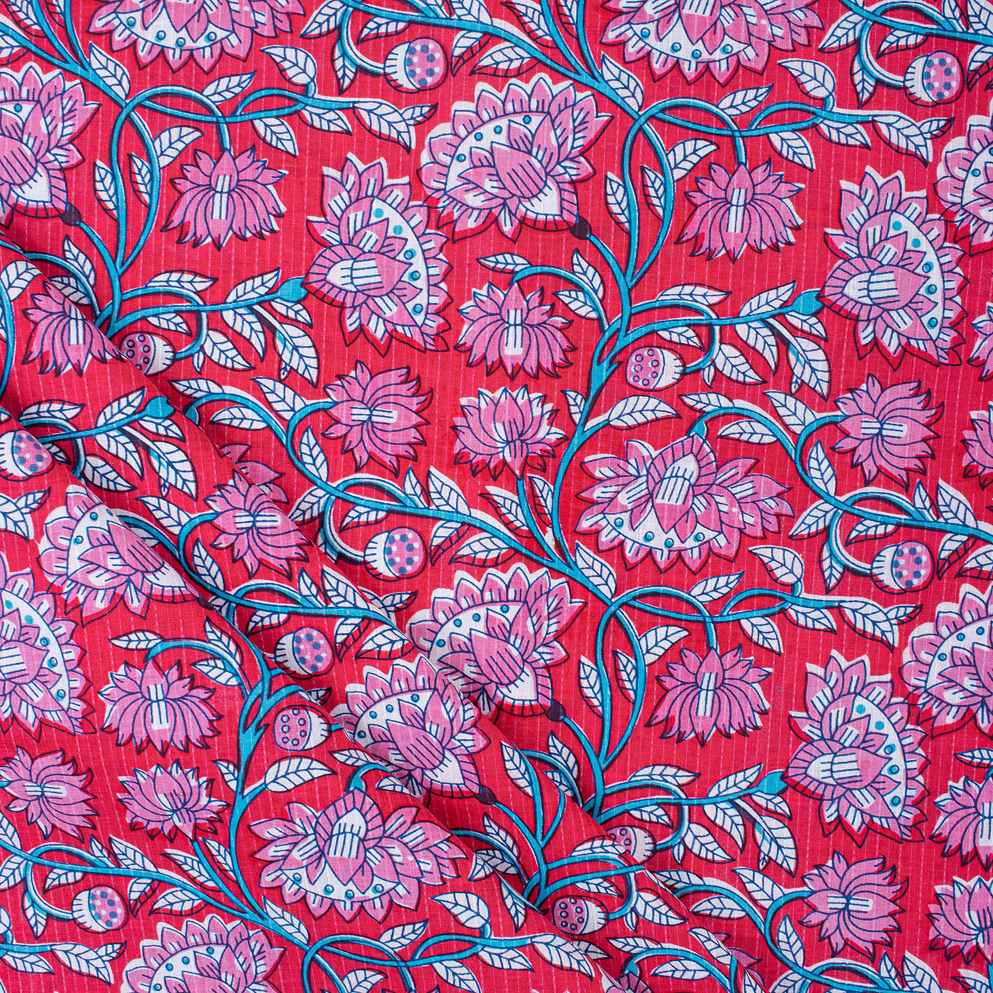 Luxury Hand Block Red Floral Print Pure Kantha Cotton Fabric