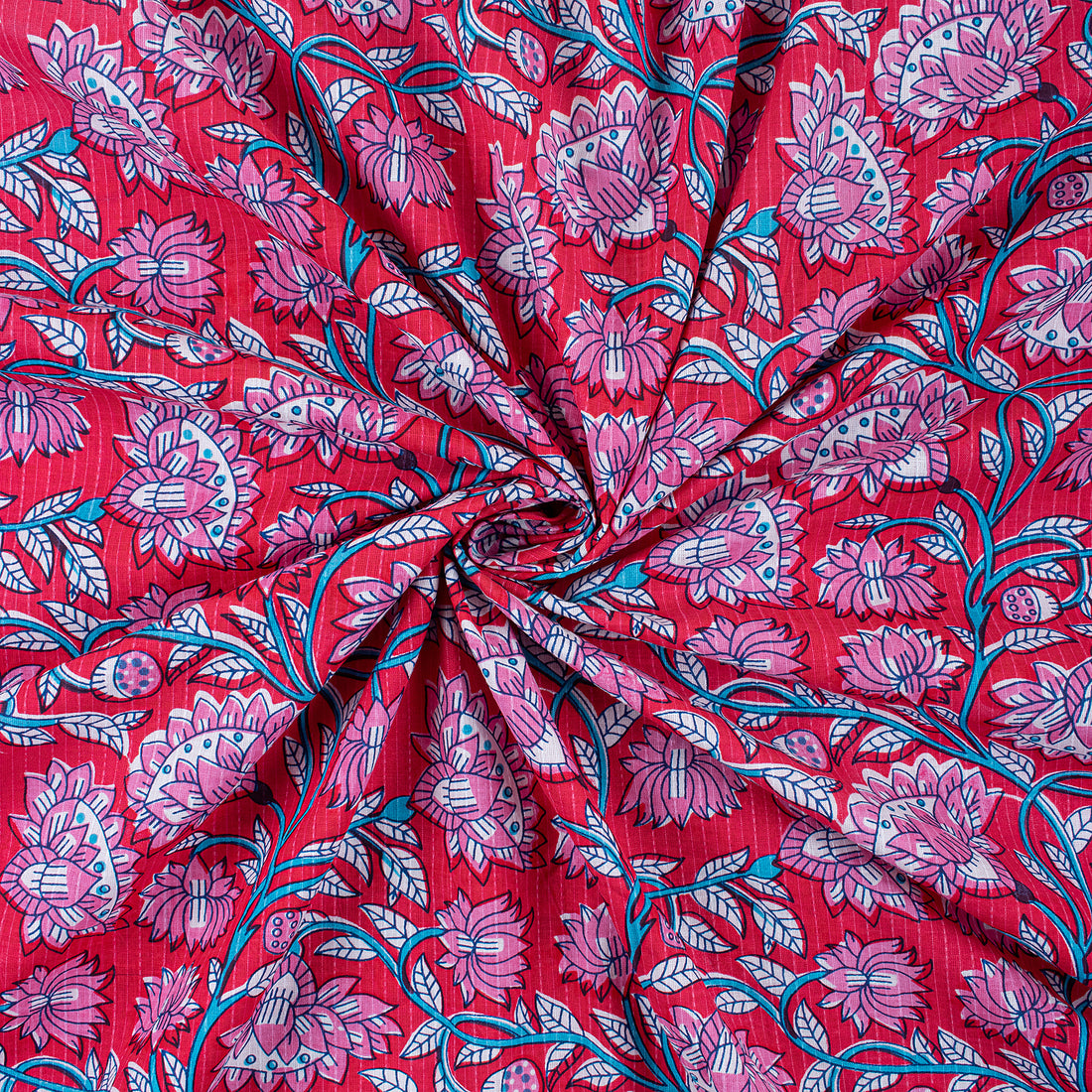 Luxury Hand Block Red Floral Print Pure Kantha Cotton Fabric