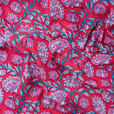 Luxury Hand Block Red Floral Print Pure Kantha Cotton Fabric