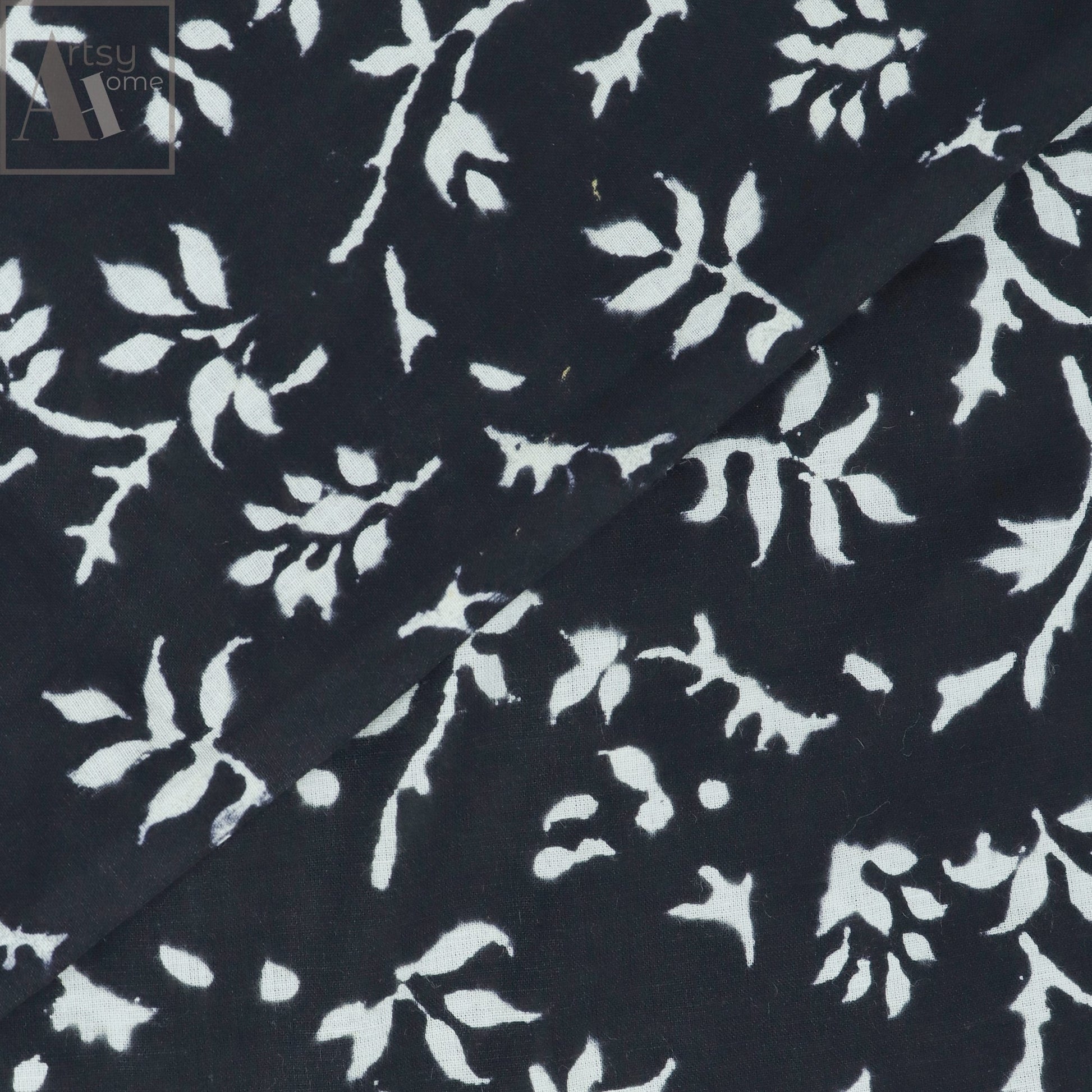 Hand Block Floral Printed Black And White Fabric Cloth