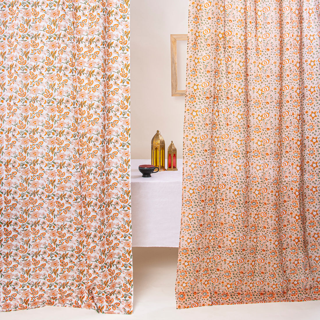 Premium Orange Block Print Curtains Decor For Home