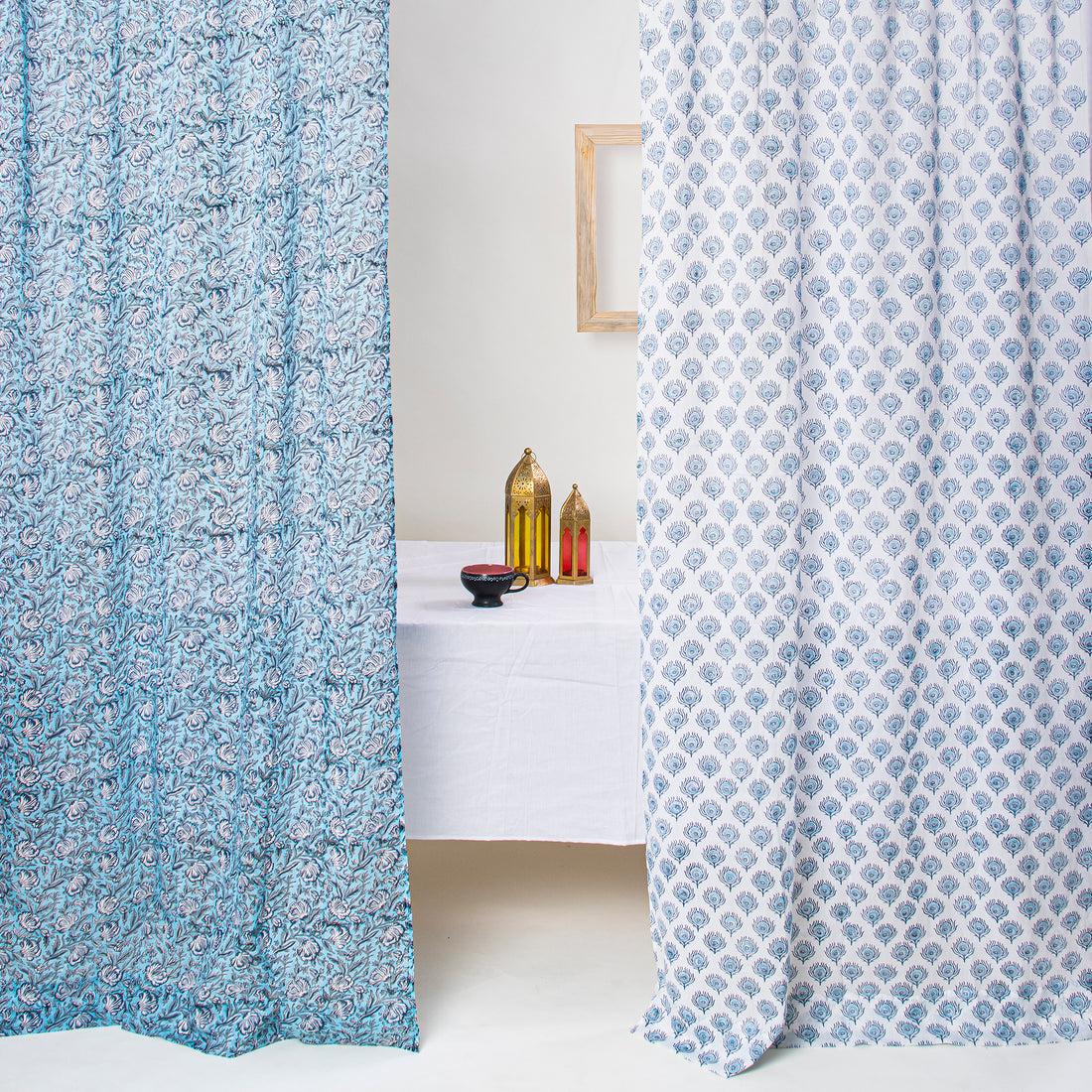 Blue Dual Blushing Block Print Cotton Latest Curtain Designs