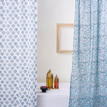 Blue Dual Blushing Block Print Cotton Latest Curtain Designs