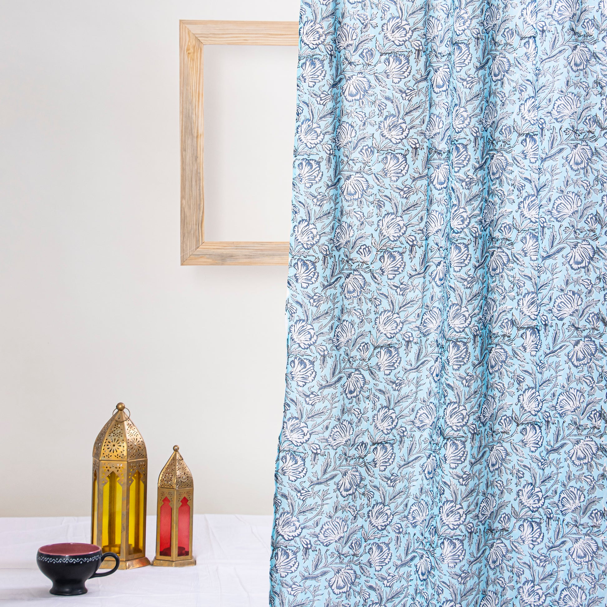 Blue Dual Blushing Block Print Cotton Latest Curtain Designs