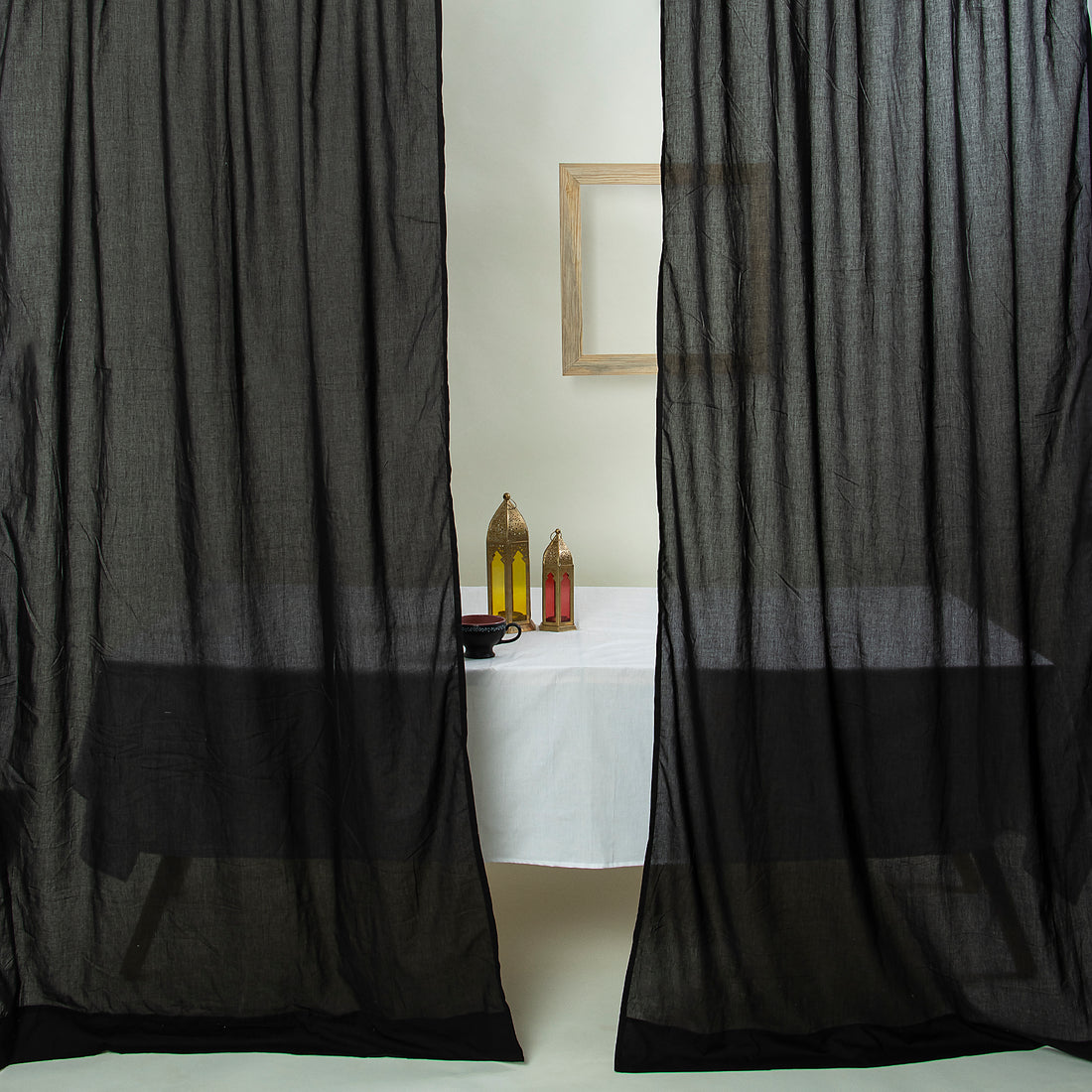 Midnight Black Cotton Curtain Set Decor For Home Window Parde