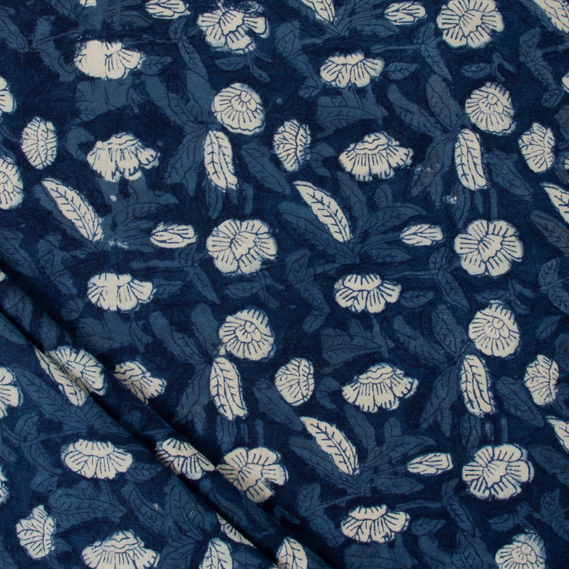 Hand Block Floral Printed Indigo Cotton Canvas Fabric For Bags