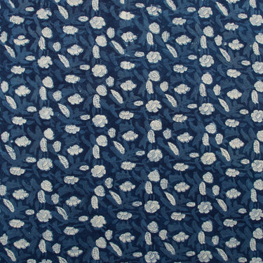 Hand Block Floral Printed Indigo Cotton Canvas Fabric For Bags