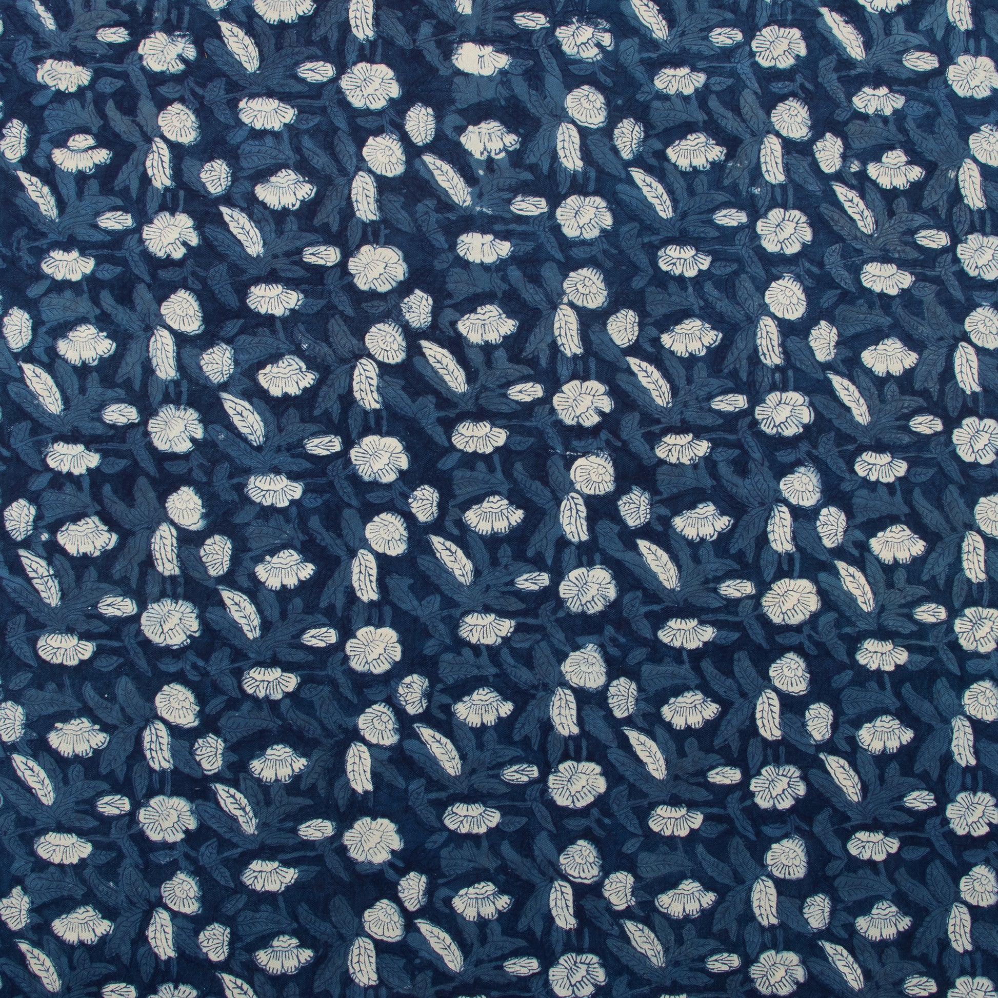 Hand Block Floral Printed Indigo Cotton Canvas Fabric For Bags