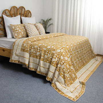 Hand Block Yellow Floral Printed Cotton Dohar Double Bed Online