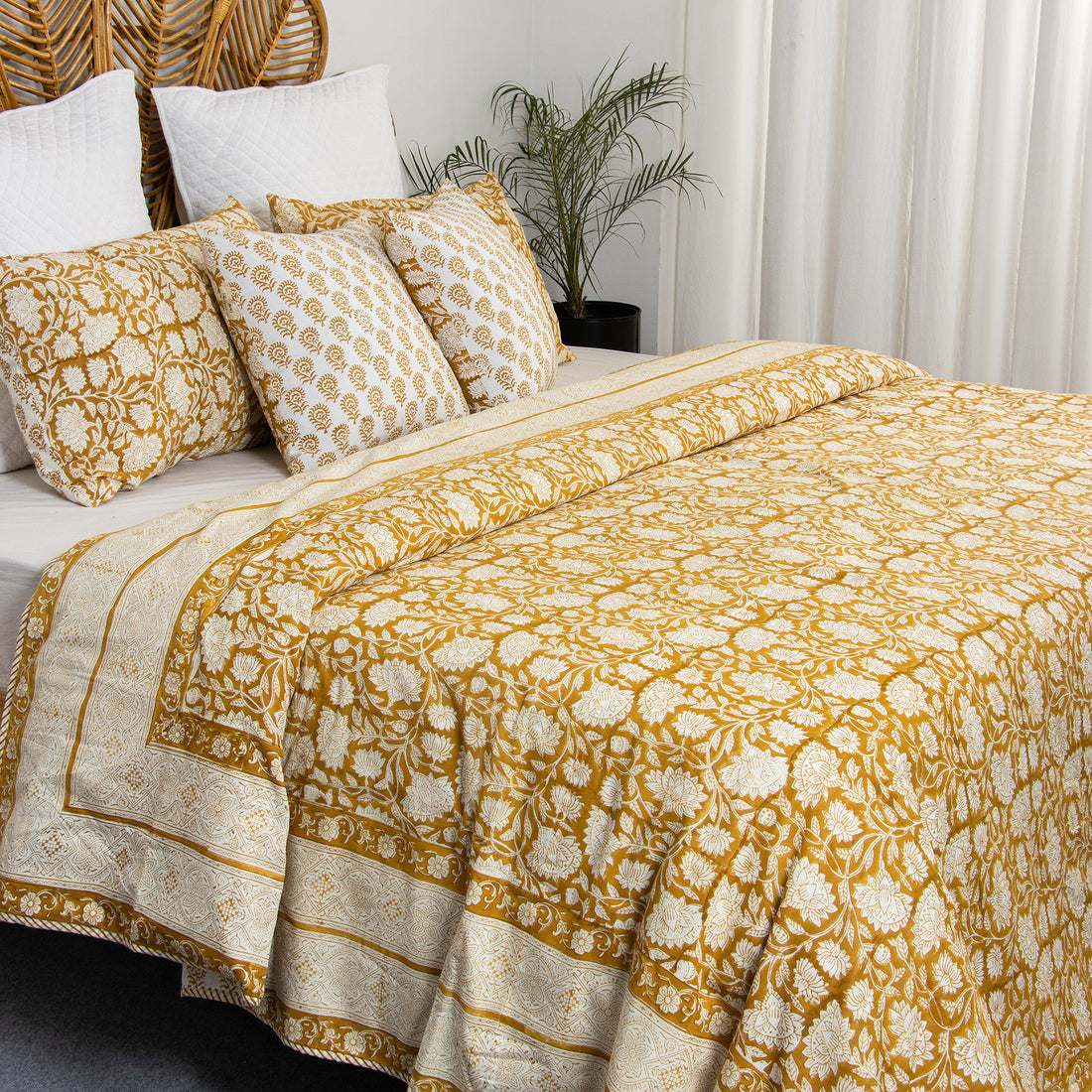 Hand Block Yellow Floral Printed Cotton Dohar Double Bed Online