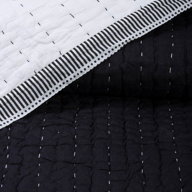 Solid Black Cotton Reversible Kantha Soft Quilt Blanket