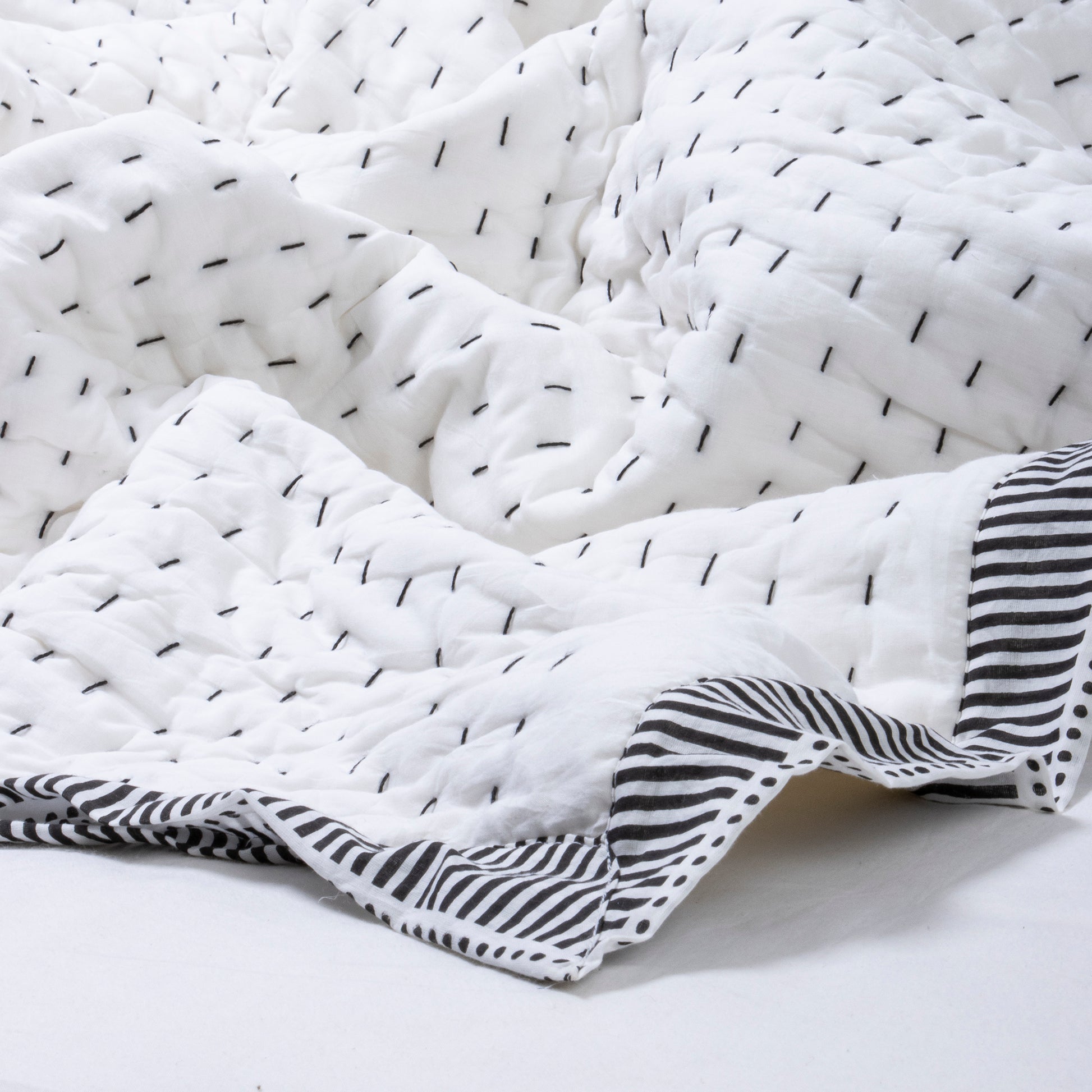 Handmade Black Stripes Print Cotton Reversible Indian Kantha Quilt