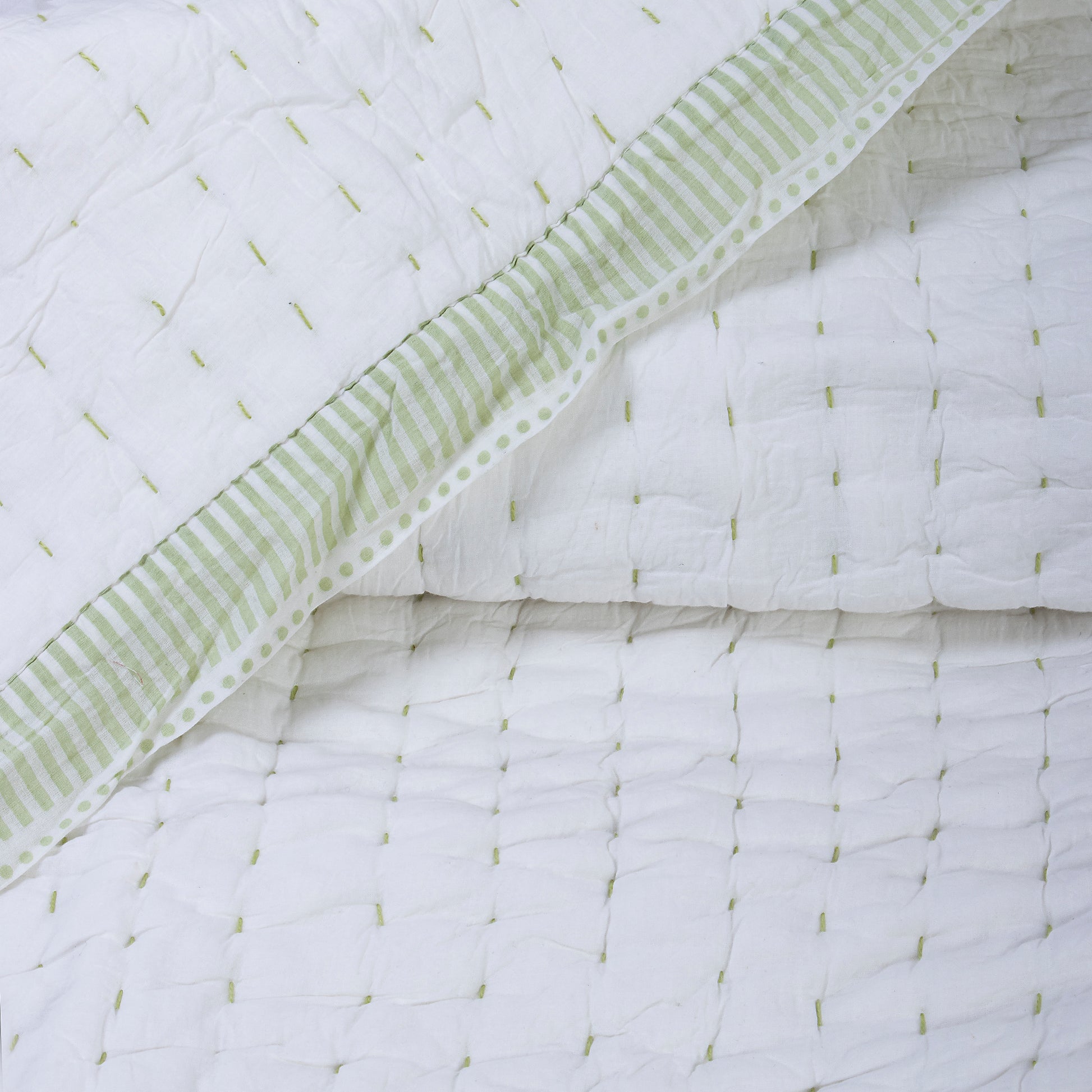 Handmade Green Stripes Print Cotton Reversible Kantha Quilt