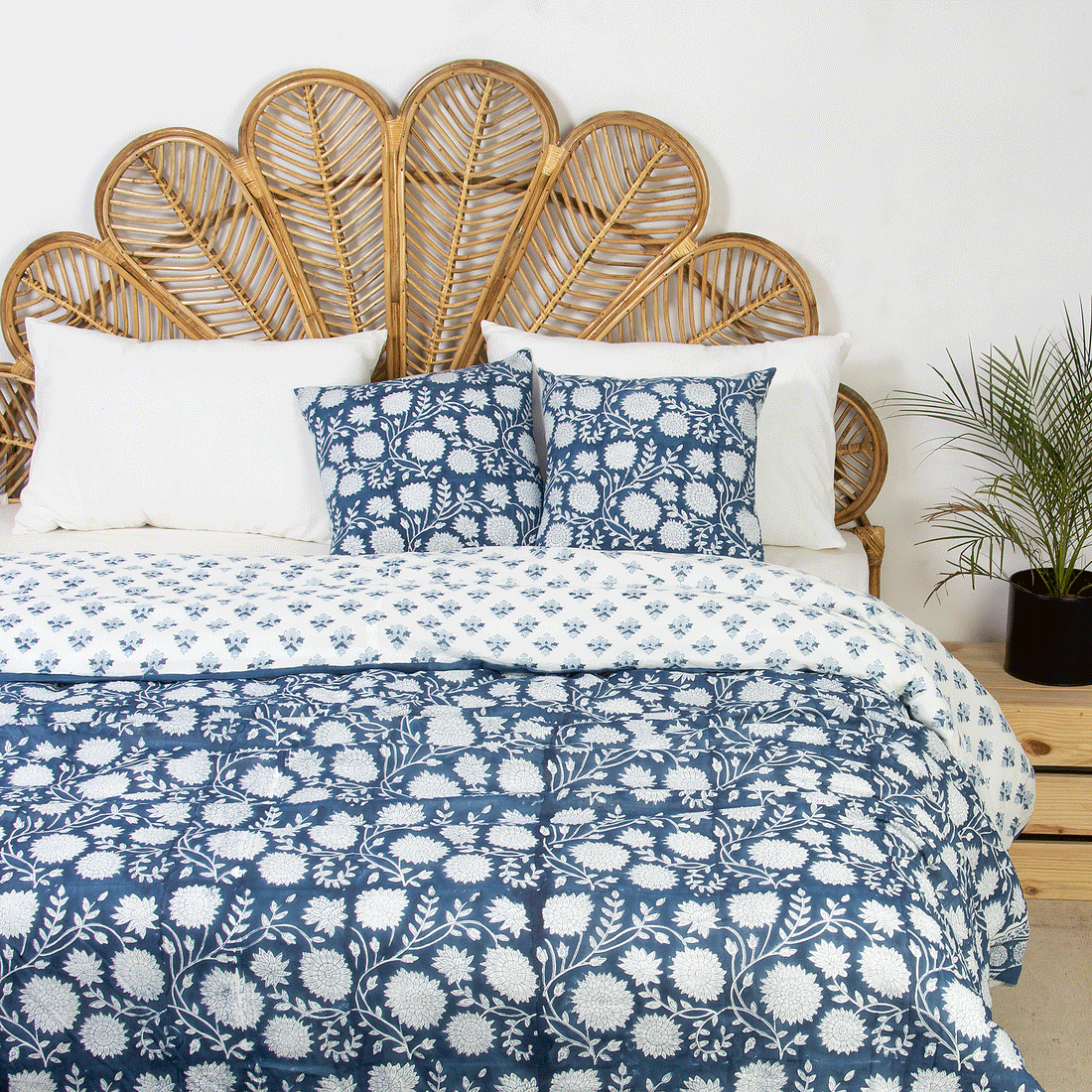 Blue Hand Block Floral Print Cotton Double Bed Duvet Cover
