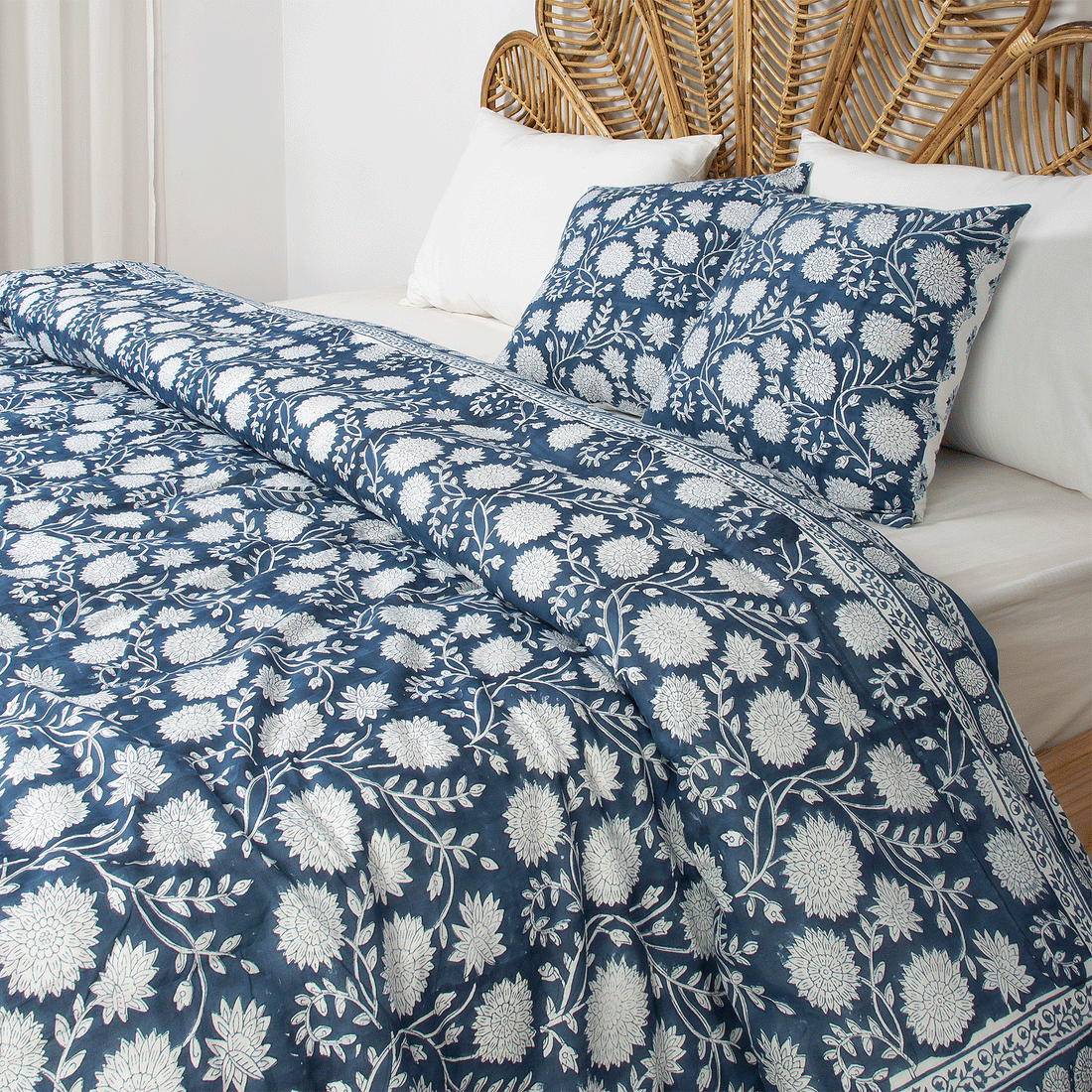 Blue Hand Block Floral Print Cotton Double Bed Duvet Cover