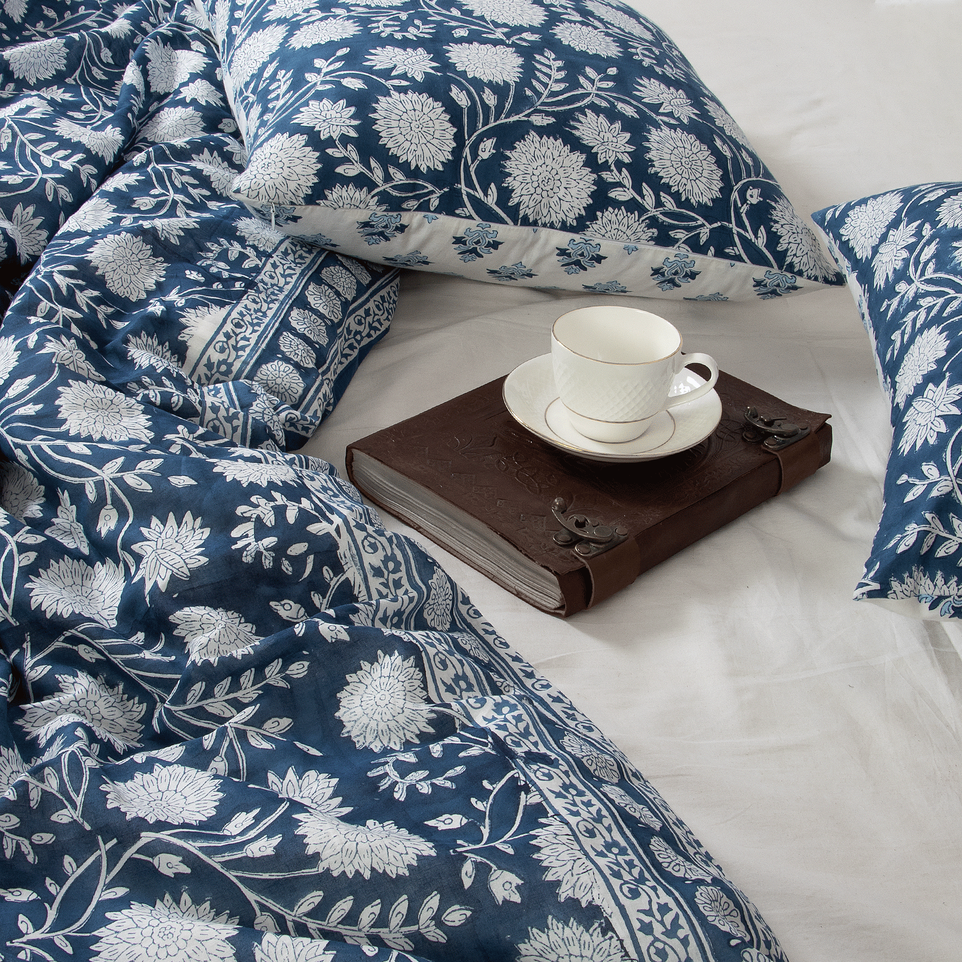 Blue Hand Block Floral Print Cotton Double Bed Duvet Cover