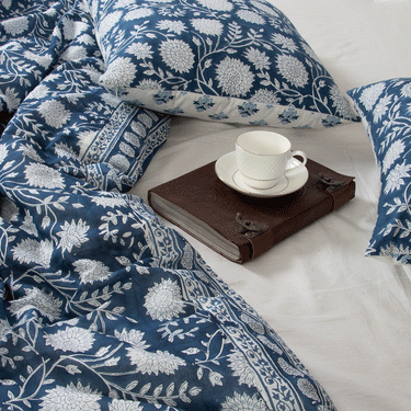 Blue Hand Block Floral Print Cotton Double Bed Duvet Cover