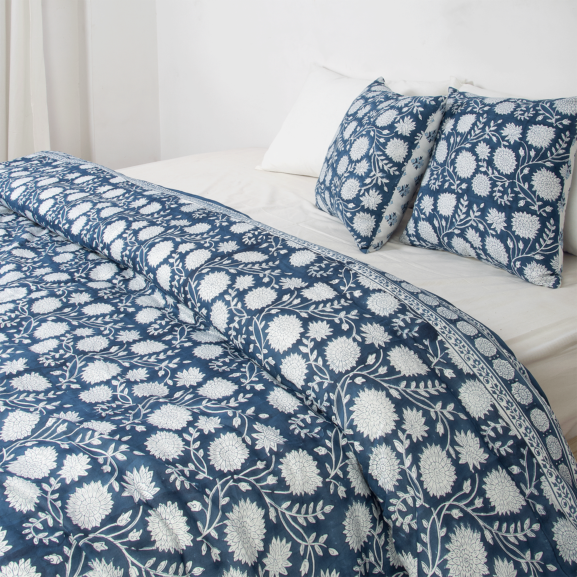 Blue Hand Block Floral Print Cotton Double Bed Duvet Cover