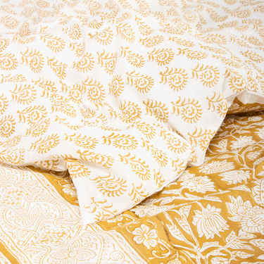 Yellow Block Floral Print Cotton King Size Duvet