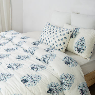 Sky Blue Hand Block Floral Print Queen Size Duvet Cover