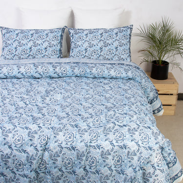 Blue Hand Block Floral Queen Size Duvet Cover & Shams